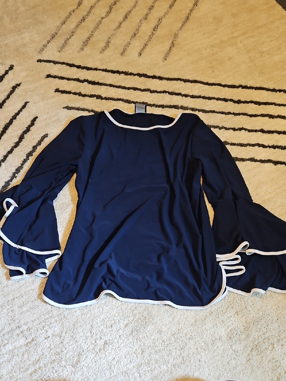Coco Bianco Navy Long-Sleeve Bell Sleeve Top with White Trim